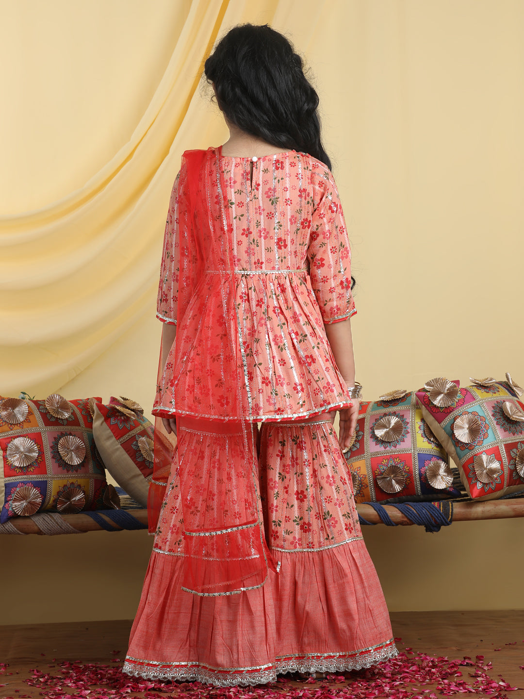 Cutiekins Girls Floral Print Kurta & Sharara With Dupatta -Coral Orange & Red