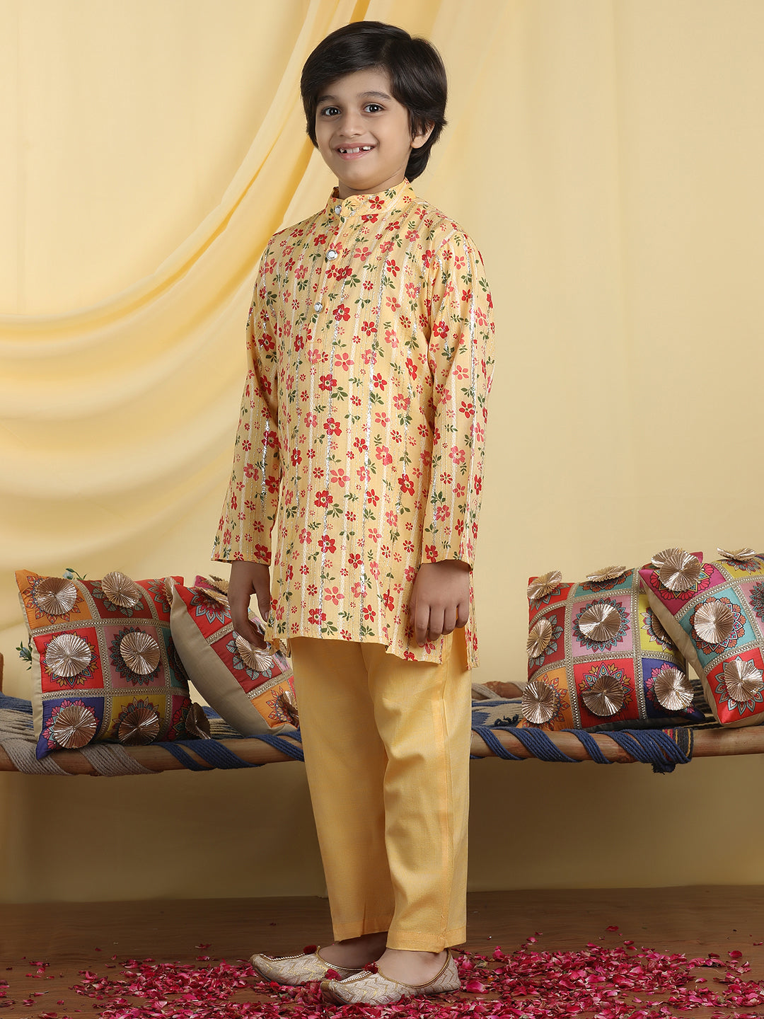 Cutiekins Boys Floral Print Mandarin Collar Kurta with Pajama -Mustard & Red