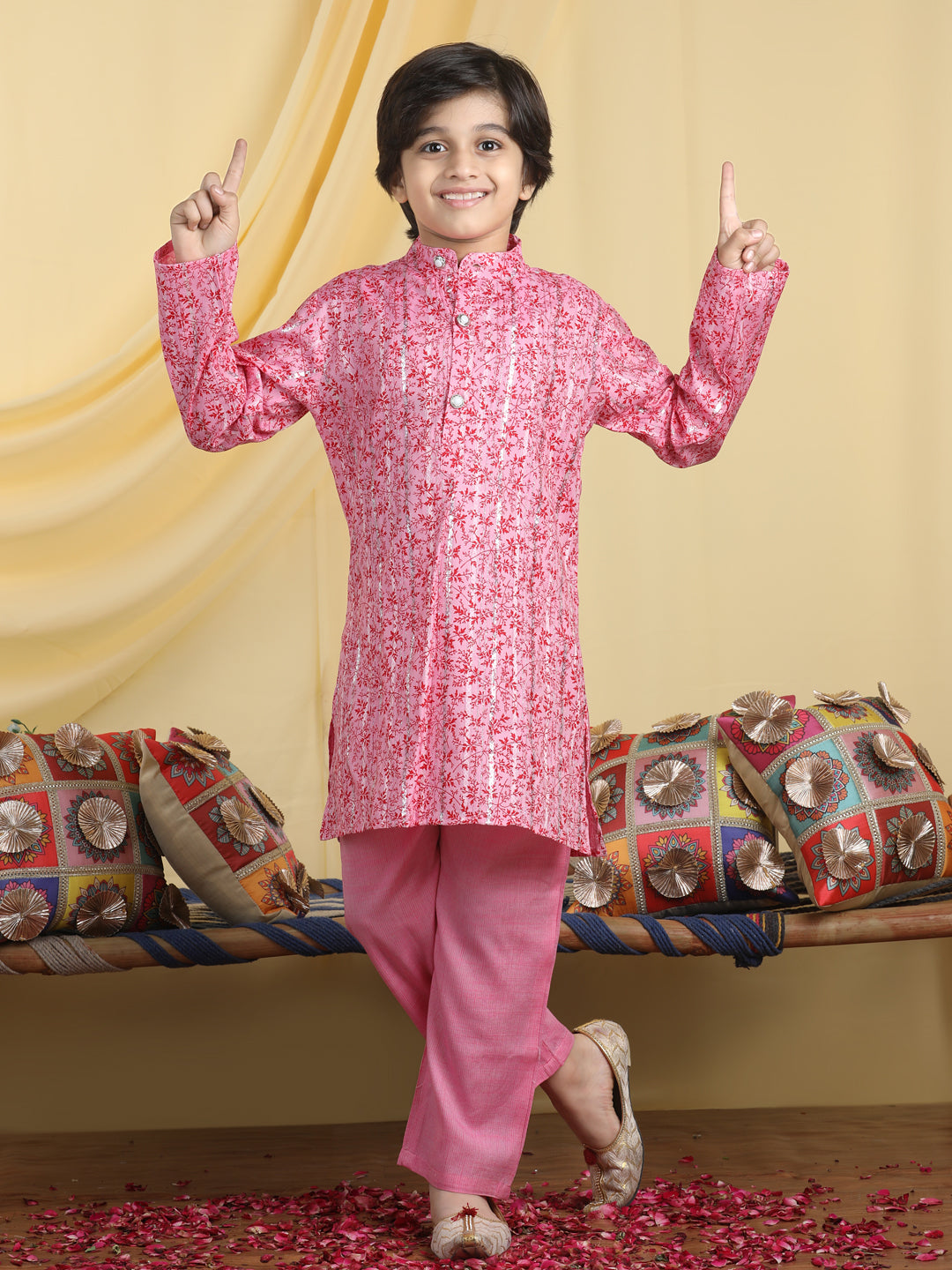 Cutiekins Boys Tropical Print Mandarian Collar Kurta & Pajama Set -Pink & Red