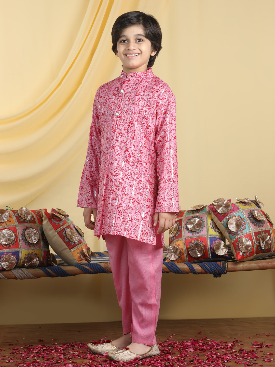 Cutiekins Boys Tropical Print Mandarian Collar Kurta & Pajama Set -Pink & Red