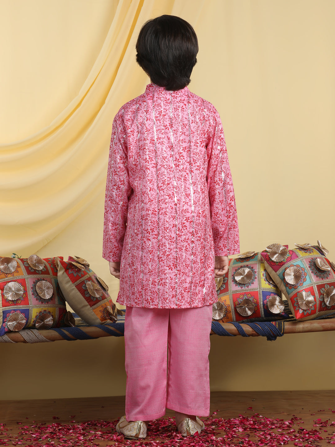 Cutiekins Boys Tropical Print Mandarian Collar Kurta & Pajama Set -Pink & Red