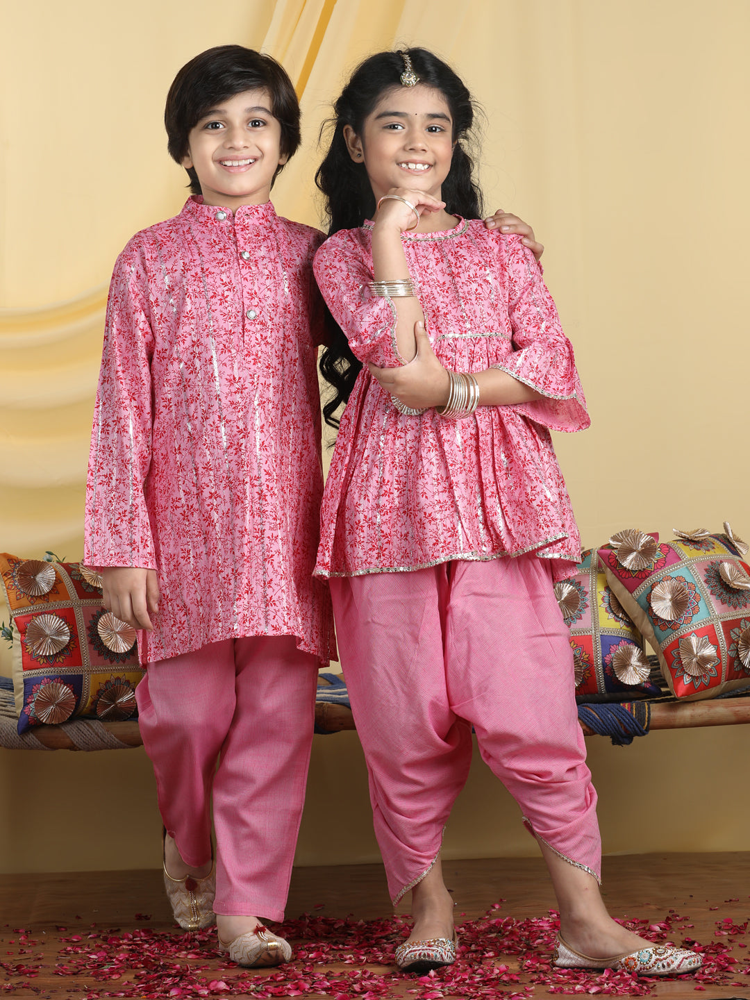 Cutiekins Girls Boys Tropical Print Dhoti Kurta & Kurta Pyjama Sibling Set For Rakhi Traditional Wear -Pink & Red