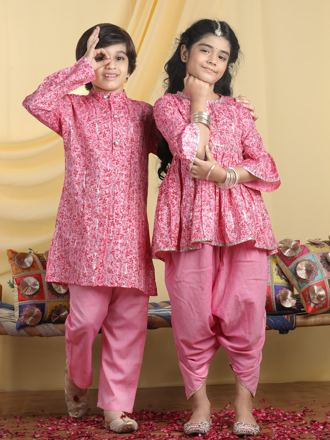 Cutiekins Girls Boys Tropical Print Dhoti Kurta & Kurta Pyjama Sibling Set For Rakhi Traditional Wear -Pink & Red