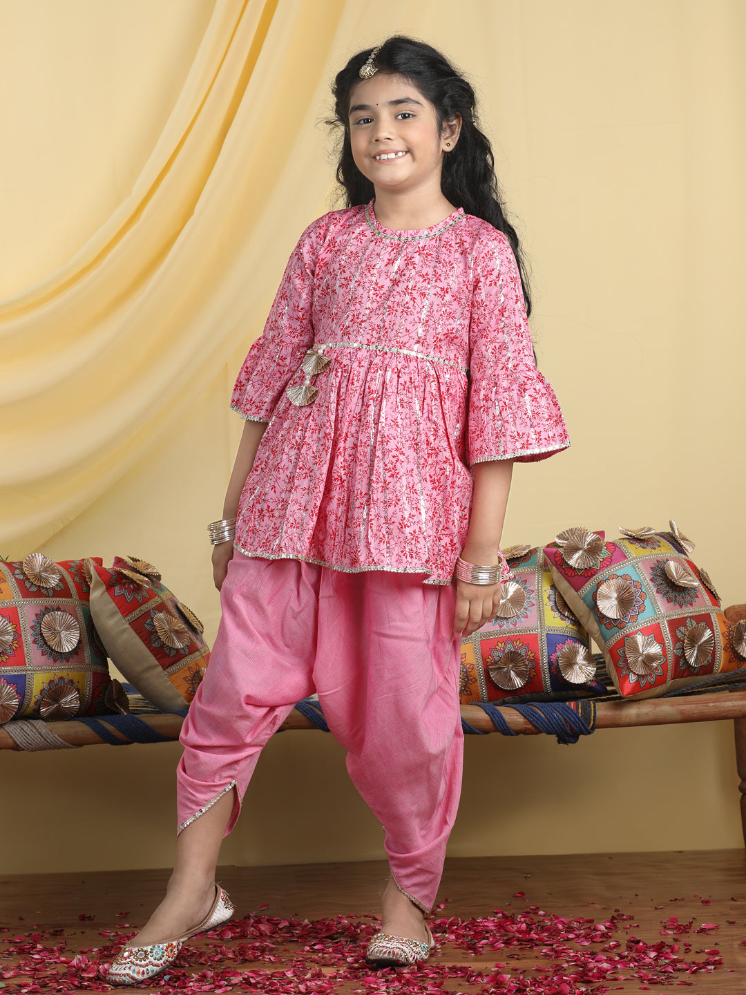 Cutiekins Girls Tropical Print Kurta With Solid Dhoti Pant -Pink & Red