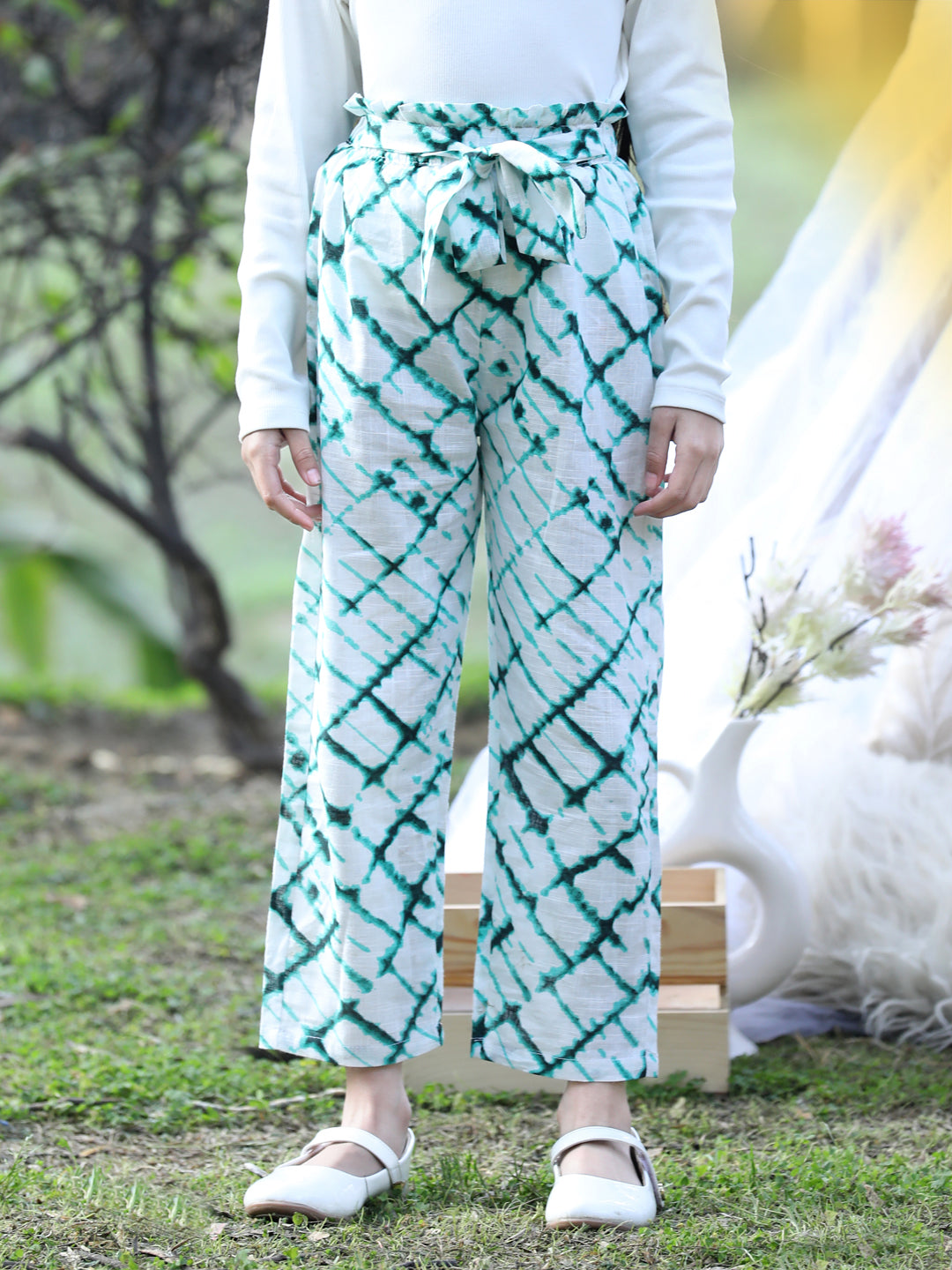 Cutiekins Printed Cotton Palazzos- White & Green