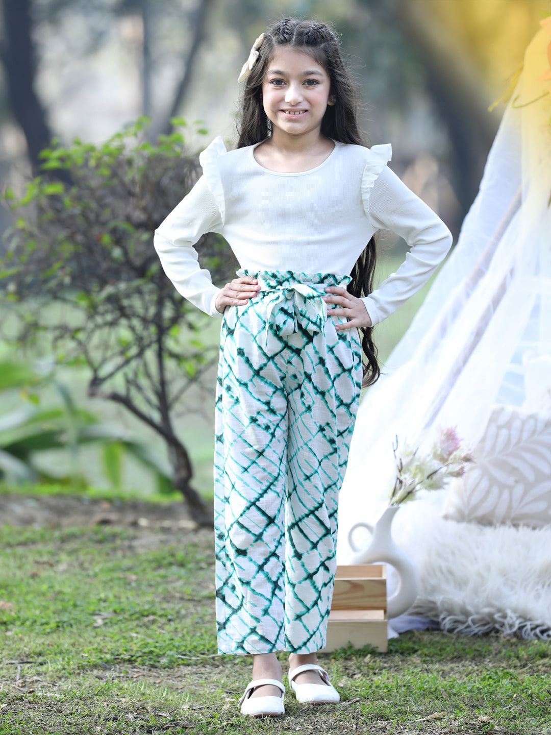 Cutiekins Printed Cotton Palazzos- White & Green