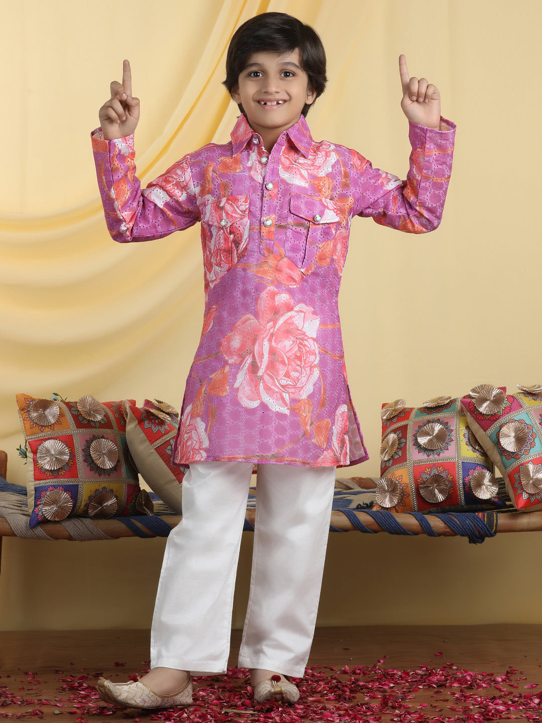 Cutiekins Boys Floral Print Shirt Collar Kurta & Pajama Set -Bright Purple & White