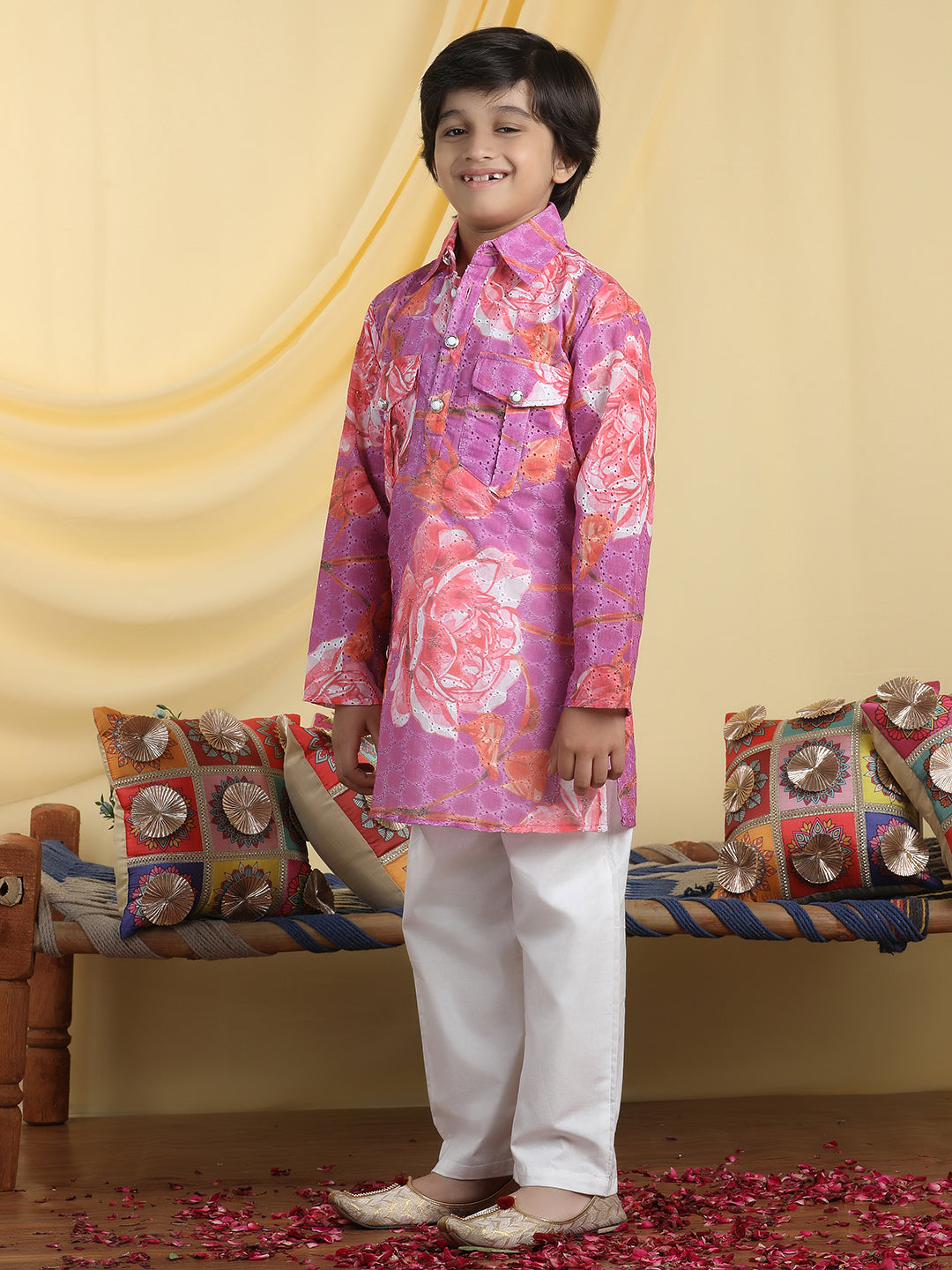 Cutiekins Boys Floral Print Shirt Collar Kurta & Pajama Set -Bright Purple & White