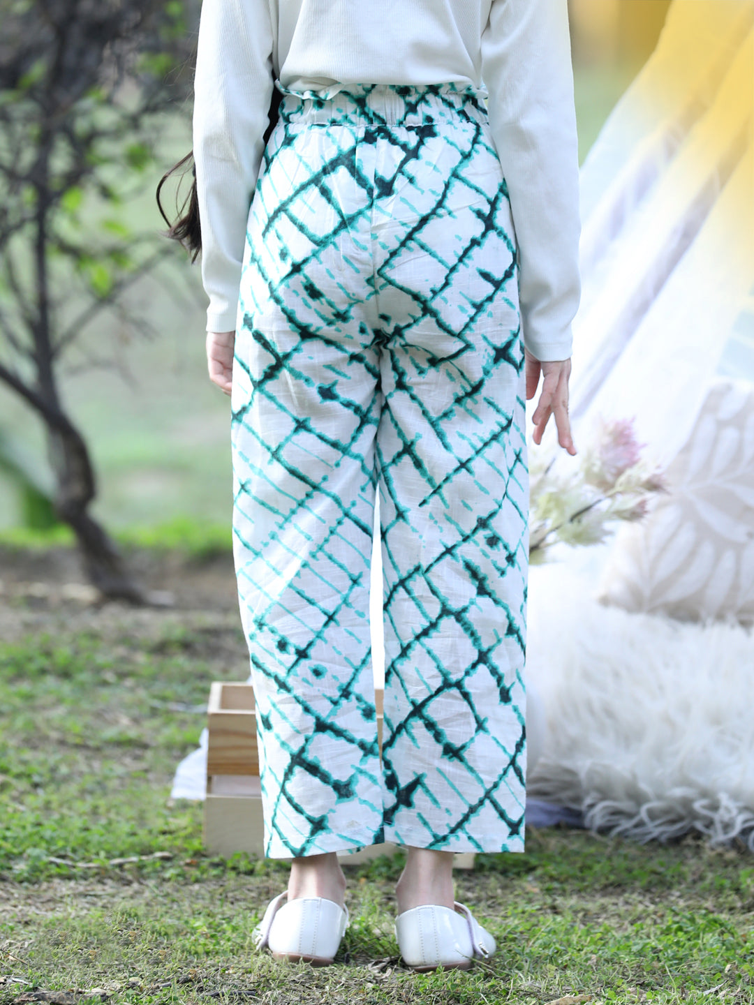 Cutiekins Printed Cotton Palazzos- White & Green