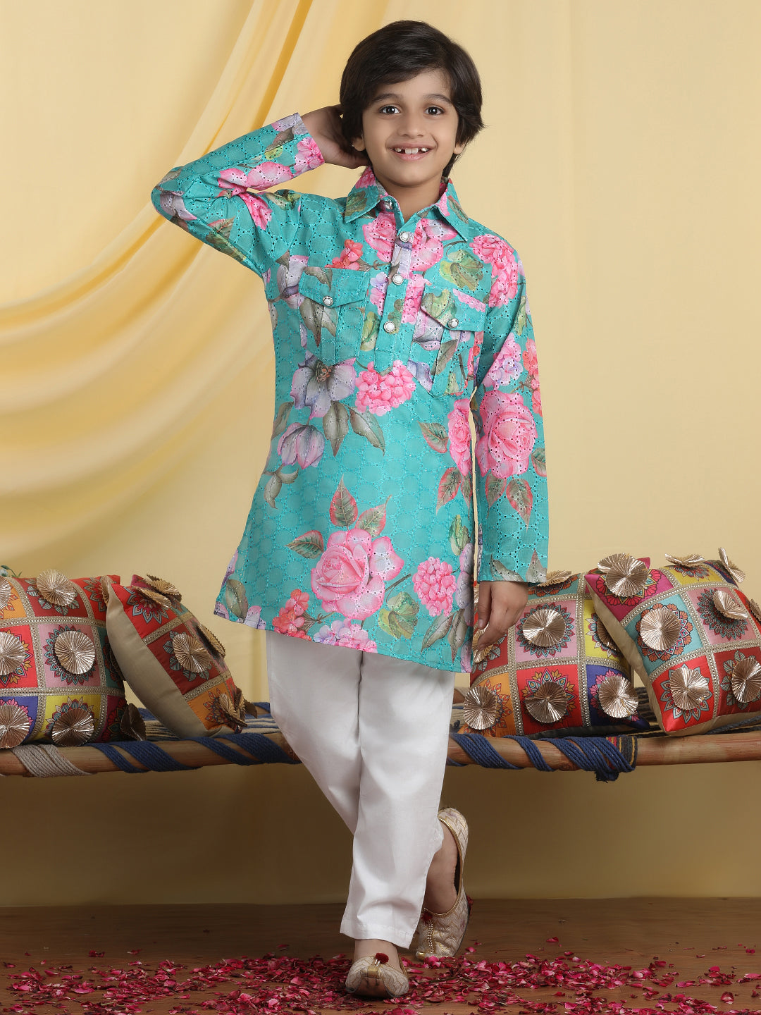 Cutiekins Boys Floral Print Shirt Collar Kurta & Pajama Set -Sea Green & White