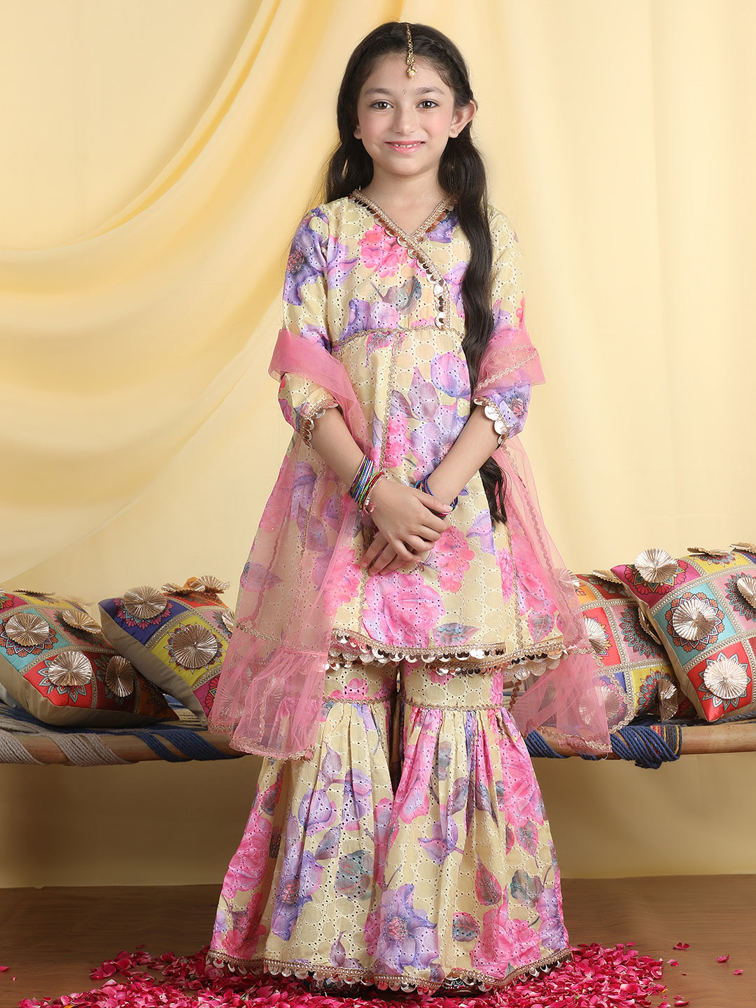 Cutiekins Girls Floral Print Angrakha Kurta & Sharara With Dupatta -Lemon & Pink