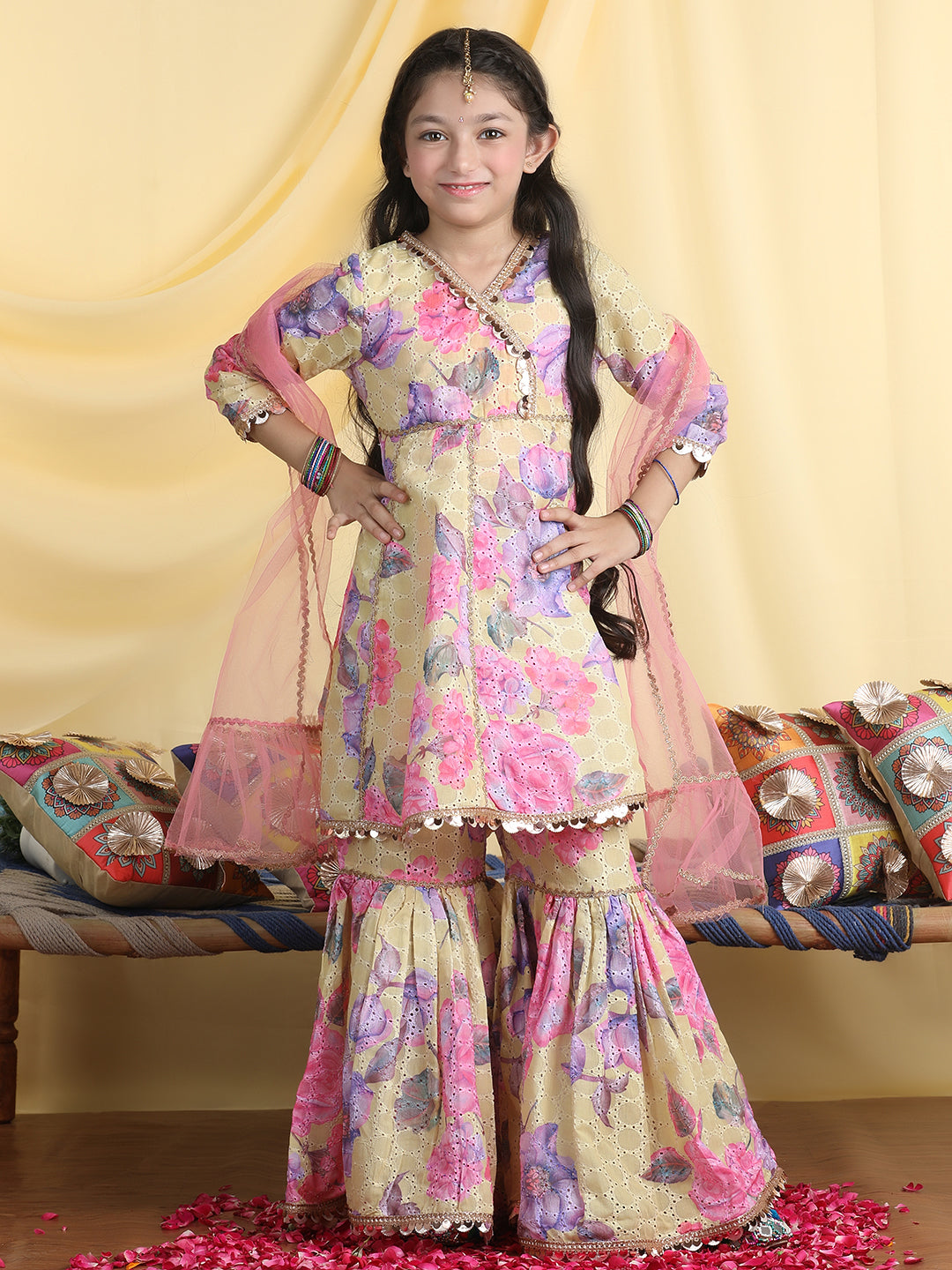 Cutiekins Girls Floral Print Angrakha Kurta & Sharara With Dupatta -Lemon & Pink