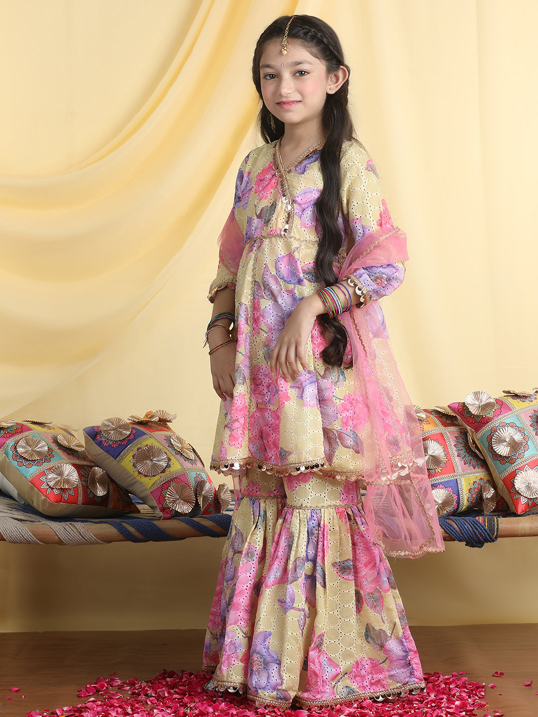 Cutiekins Girls Floral Print Angrakha Kurta & Sharara With Dupatta -Lemon & Pink