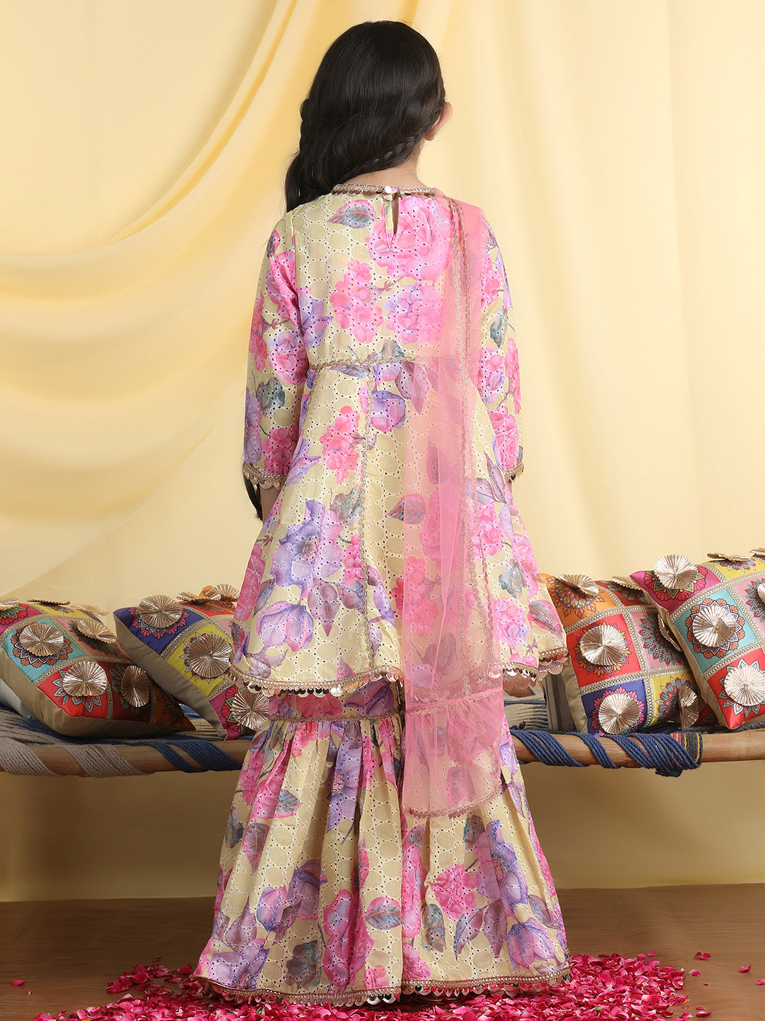 Cutiekins Girls Floral Print Angrakha Kurta & Sharara With Dupatta -Lemon & Pink