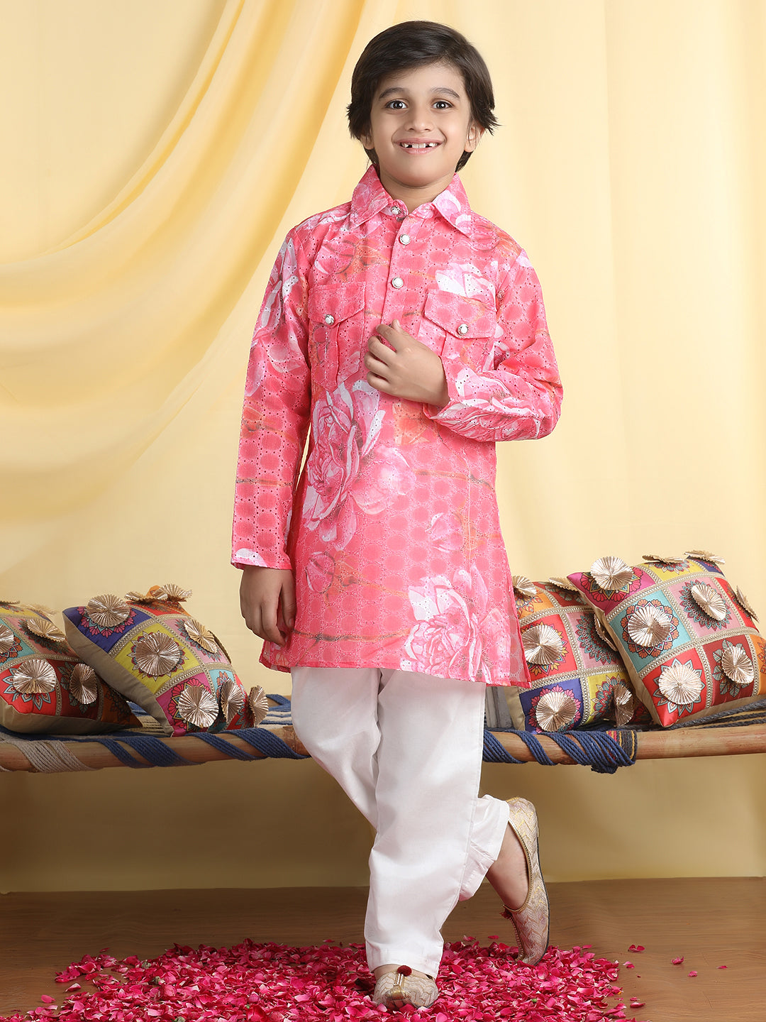 Cutiekins Boys Floral Print Shirt Collar Kurta & Pajama Set -Coral Pink & White