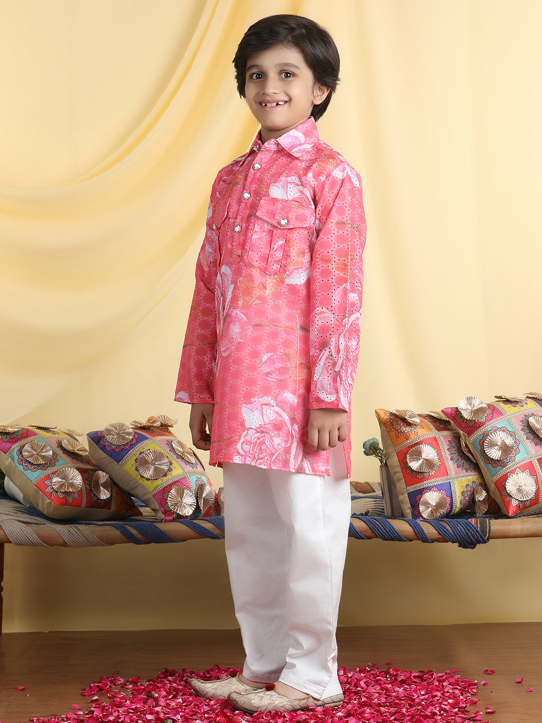 Cutiekins Boys Floral Print Shirt Collar Kurta & Pajama Set -Coral Pink & White