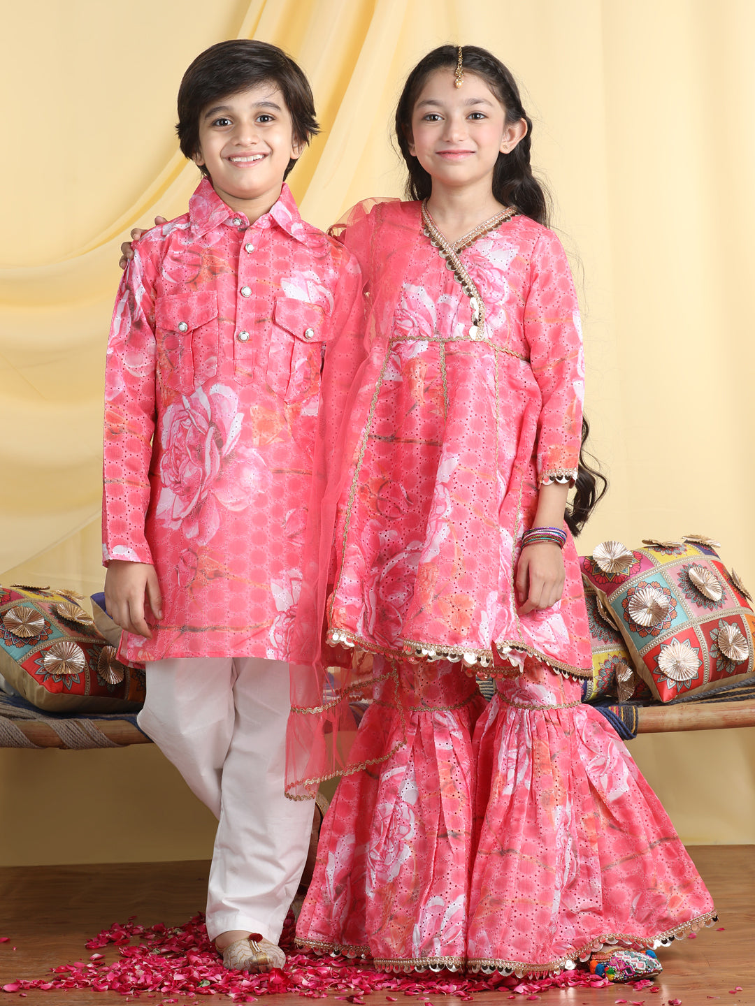 Cutiekins Girls-Boys Floral Print Kurta Sharara & Kurta Pyjama Sibling Set For Rakhi Traditional Wear -Pink & White