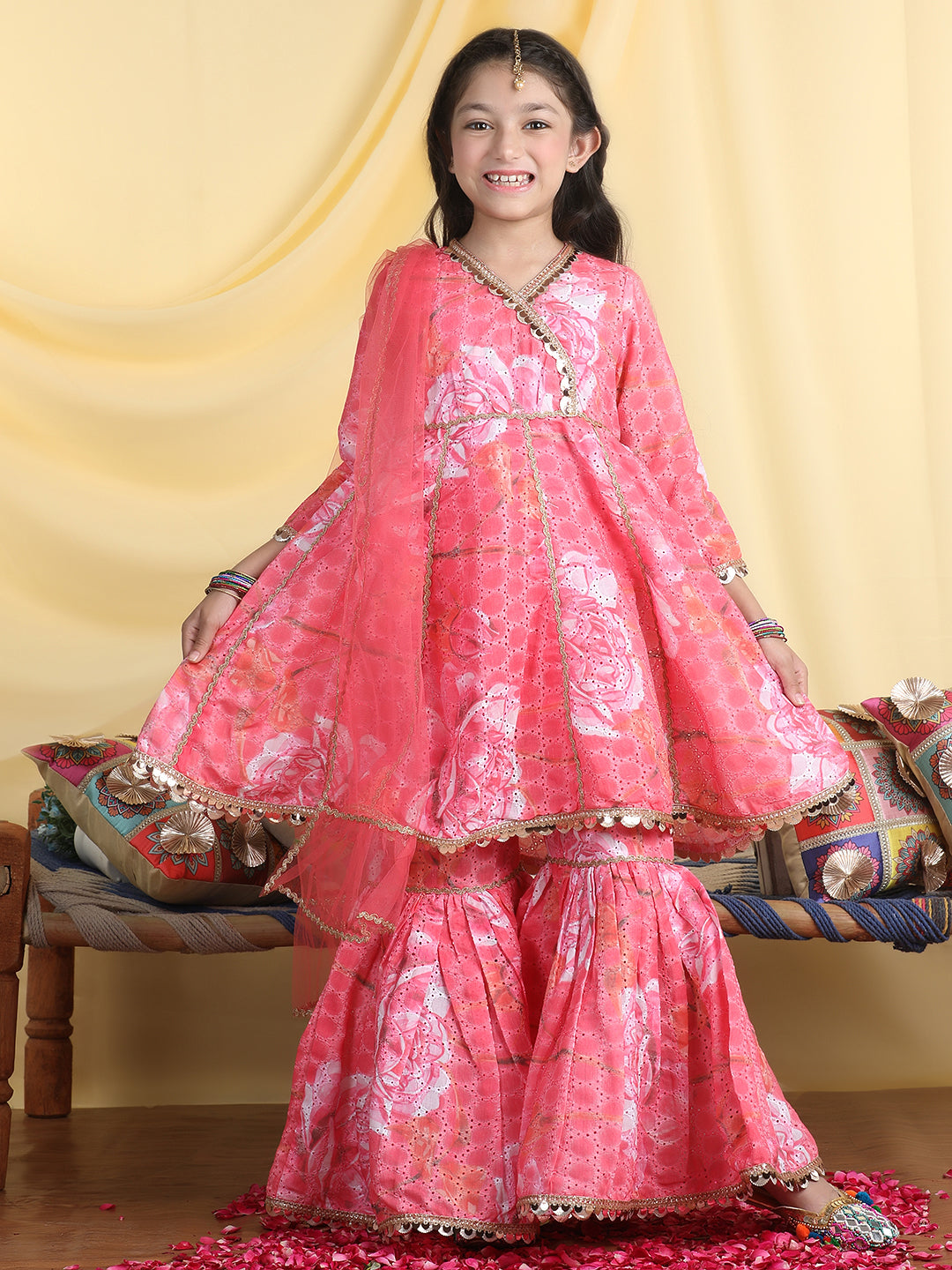 Cutiekins Girls Floral Print Angrakha Kurta & Sharara With Dupatta -Coral Pink & Off White