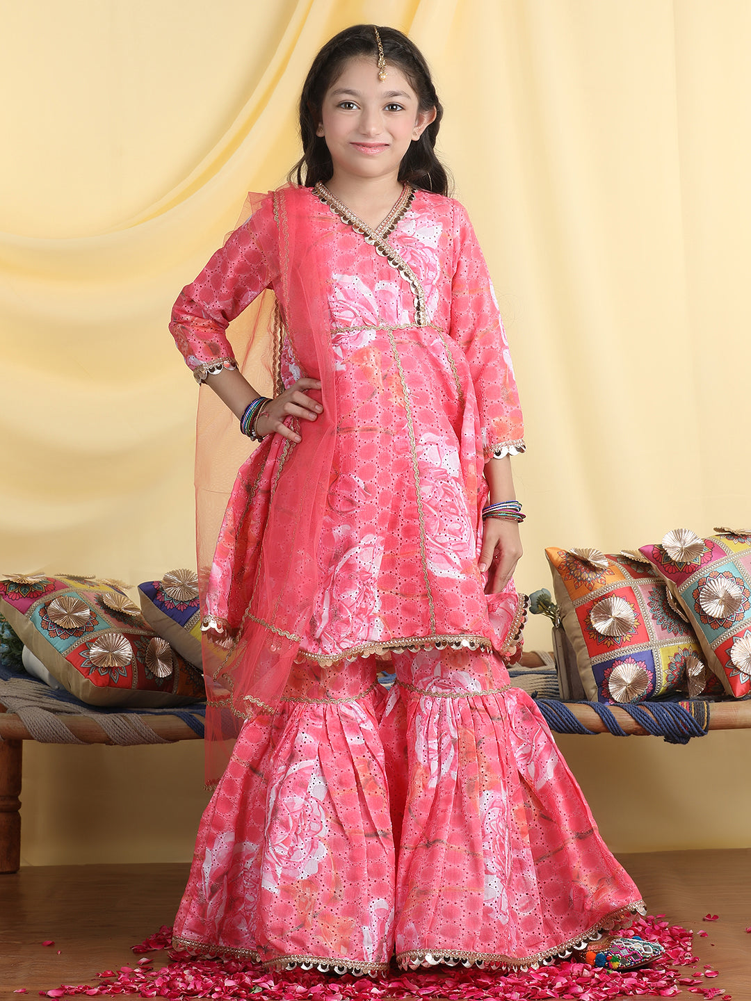 Cutiekins Girls Floral Print Angrakha Kurta & Sharara With Dupatta -Coral Pink & Off White