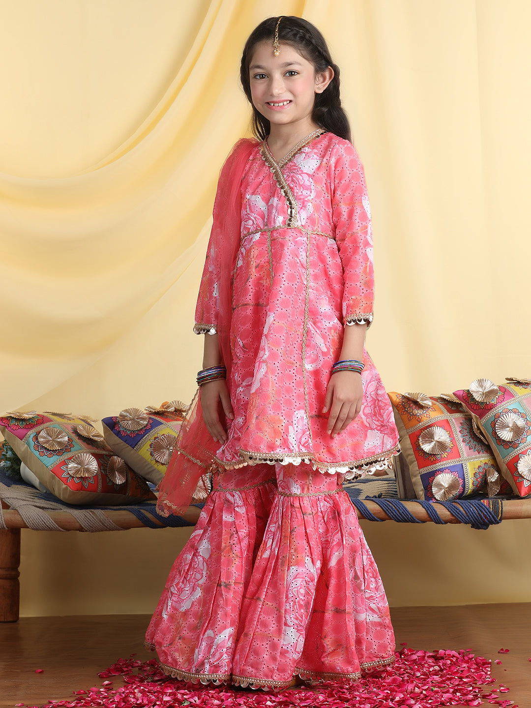 Cutiekins Girls Floral Print Angrakha Kurta & Sharara With Dupatta -Coral Pink & Off White