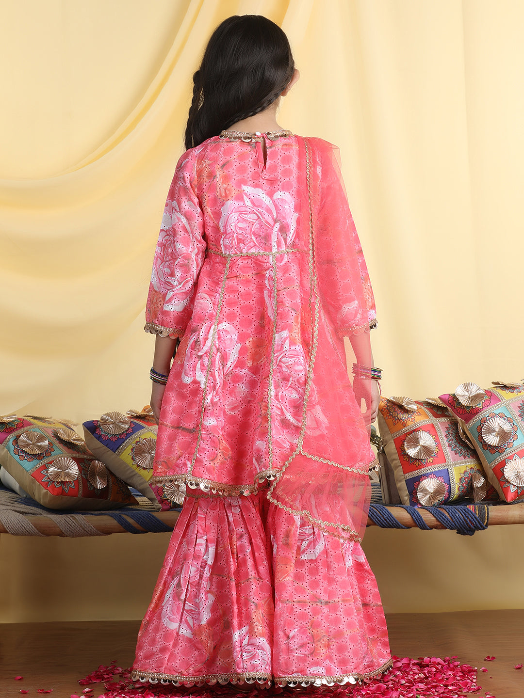 Cutiekins Girls Floral Print Angrakha Kurta & Sharara With Dupatta -Coral Pink & Off White