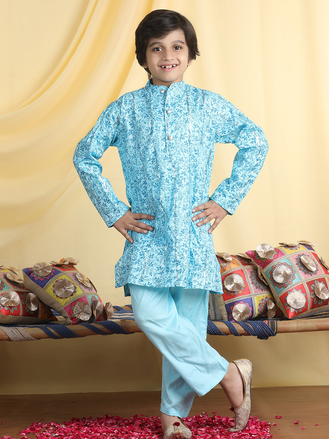 Cutiekins Boys Tropical Print Mandarian Collar Kurta & Pajama Set -Sky Blue & Teal Blue