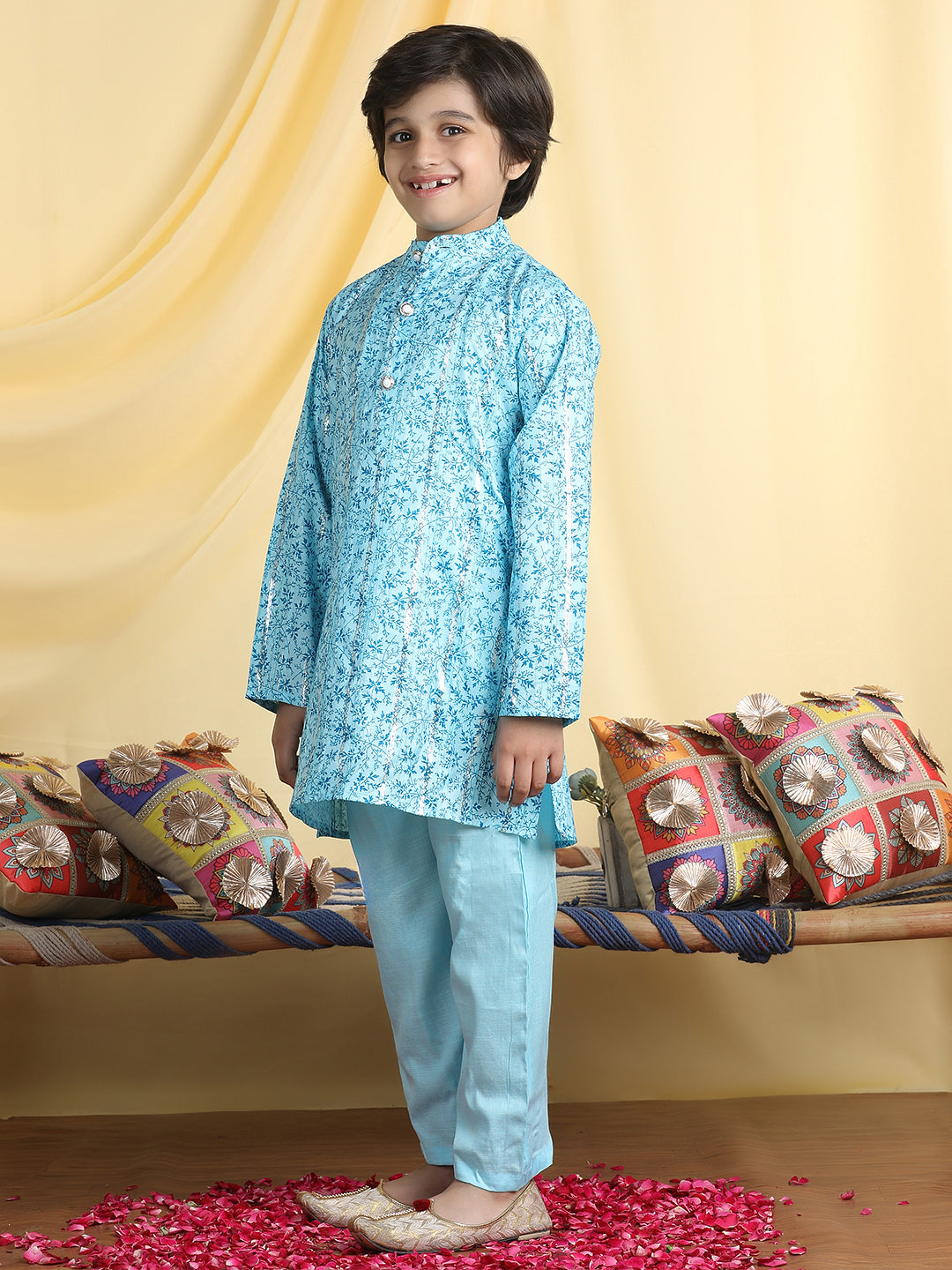 Cutiekins Boys Tropical Print Mandarian Collar Kurta & Pajama Set -Sky Blue & Teal Blue