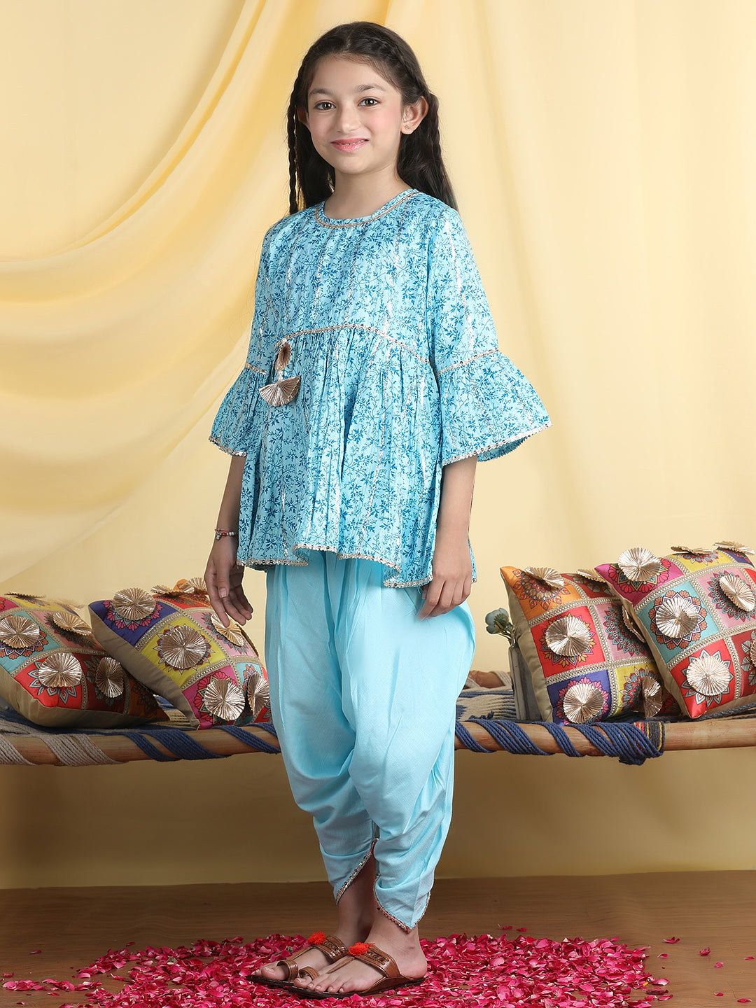 Cutiekins Girls Tropical Print Kurta & Solid Dhoti Pant -Sky Blue & Teal Blue