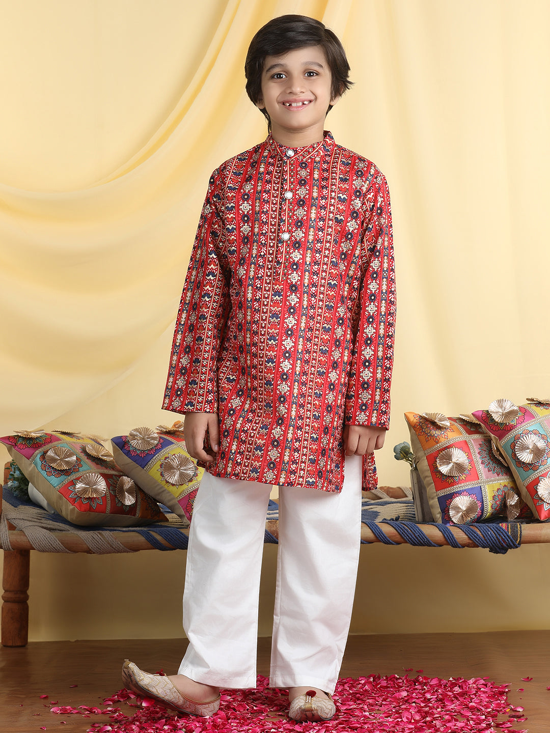 Cutiekins Boys Ethnic Motifs Print Mandarian Collar Kurta & Pajama Set -Maroon & White