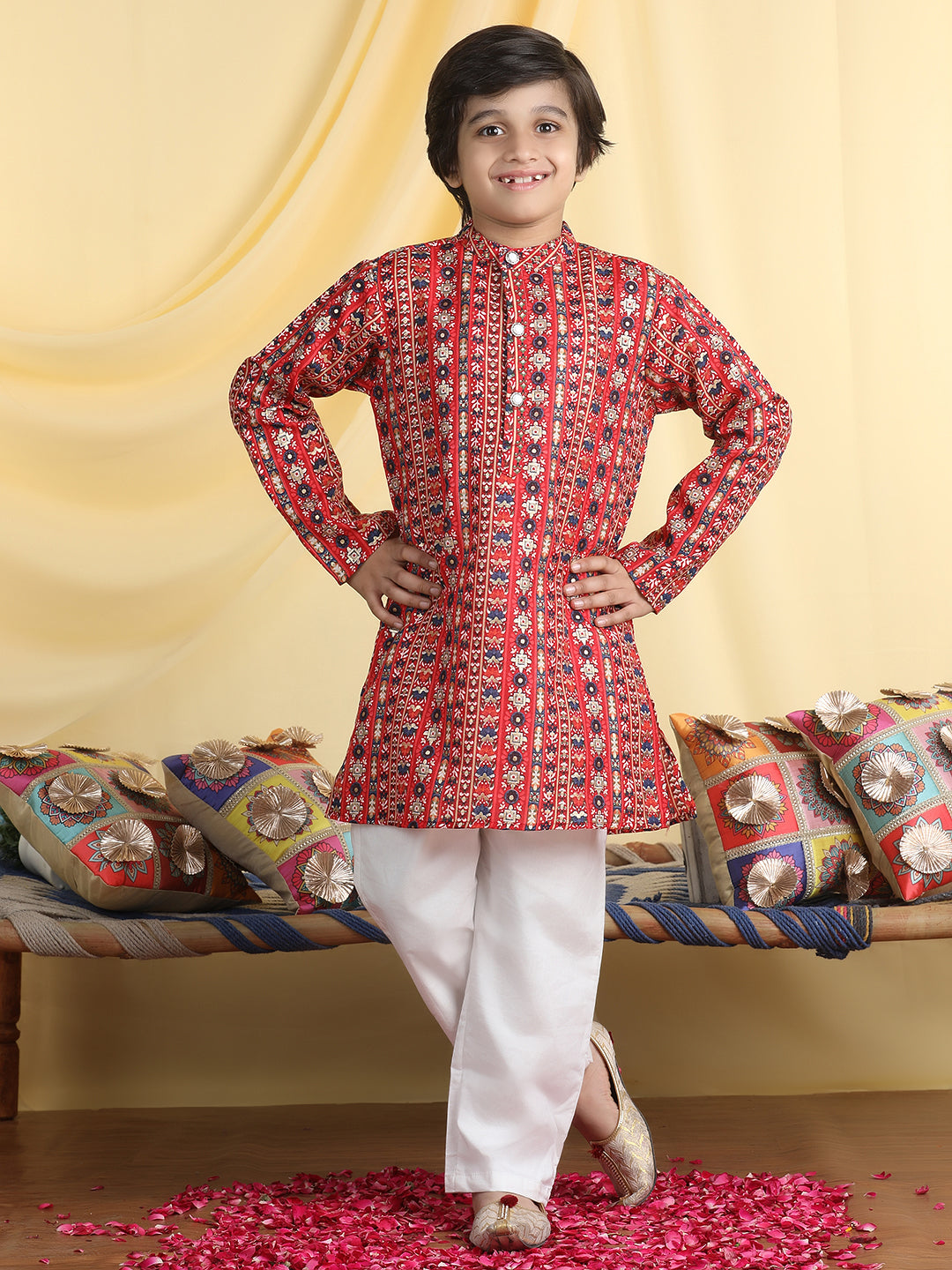 Cutiekins Boys Ethnic Motifs Print Mandarian Collar Kurta & Pajama Set -Maroon & White