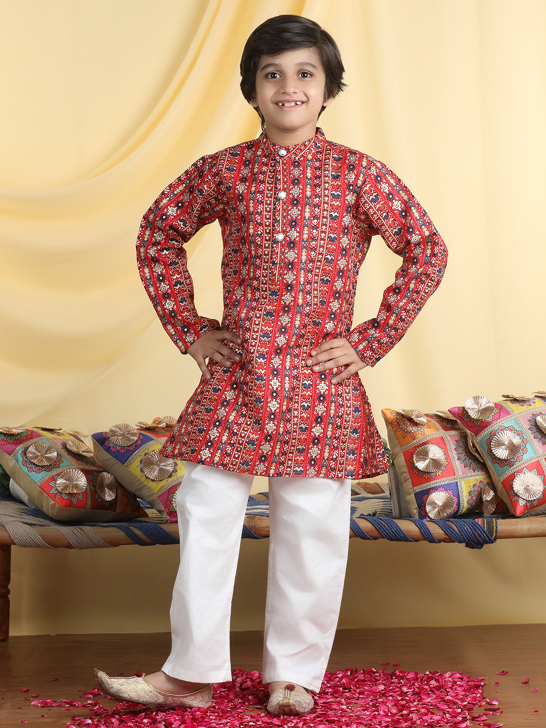 Cutiekins Boys Ethnic Motifs Print Mandarian Collar Kurta & Pajama Set -Maroon & White