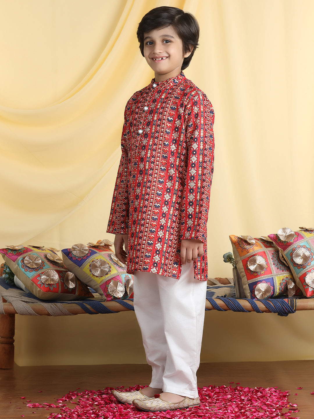 Cutiekins Boys Ethnic Motifs Print Mandarian Collar Kurta & Pajama Set -Maroon & White