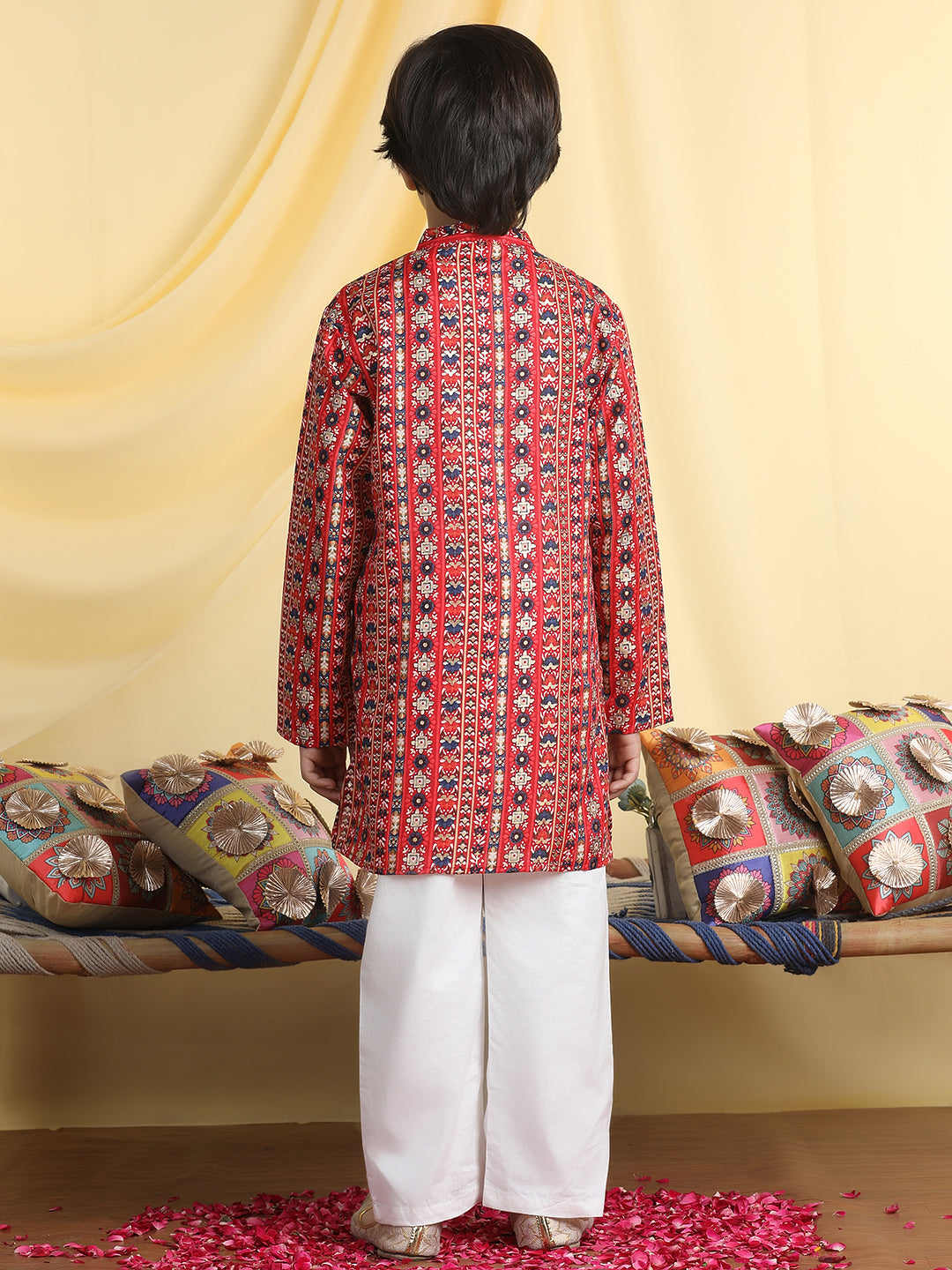 Cutiekins Boys Ethnic Motifs Print Mandarian Collar Kurta & Pajama Set -Maroon & White