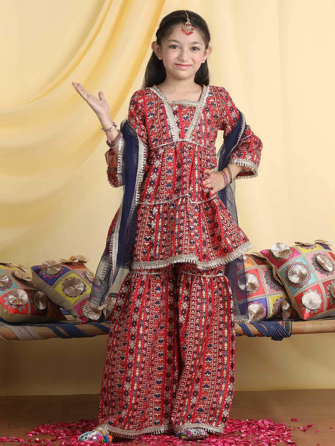 Cutiekins Girls Motifs Embroidered Kurta & Sharara With Dupatta -Maroon & Dark Blue