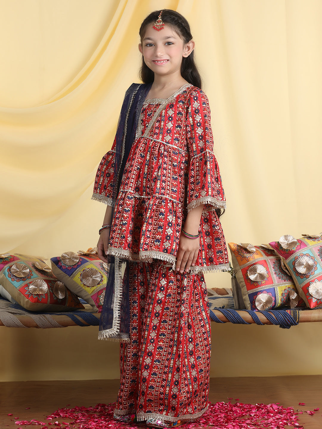 Cutiekins Girls Motifs Embroidered Kurta & Sharara With Dupatta -Maroon & Dark Blue