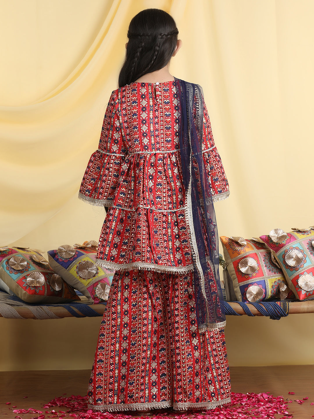 Cutiekins Girls Motifs Embroidered Kurta & Sharara With Dupatta -Maroon & Dark Blue