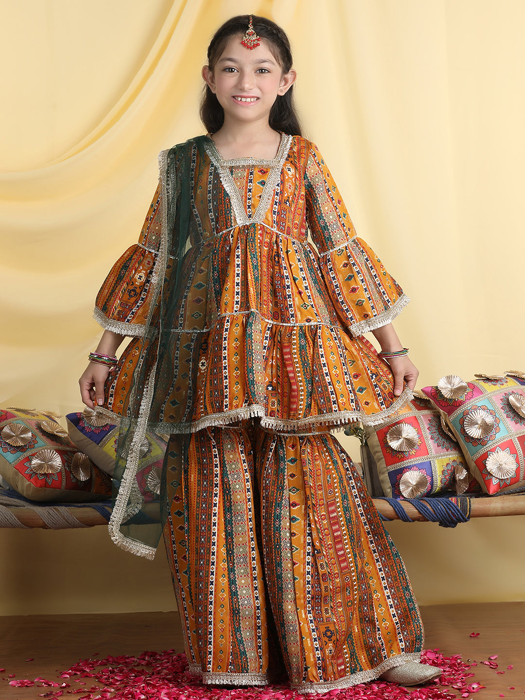 Cutiekins Girls Motifs Embroidered Kurta & Sharara With Dupatta -Mustard & Dark Blue