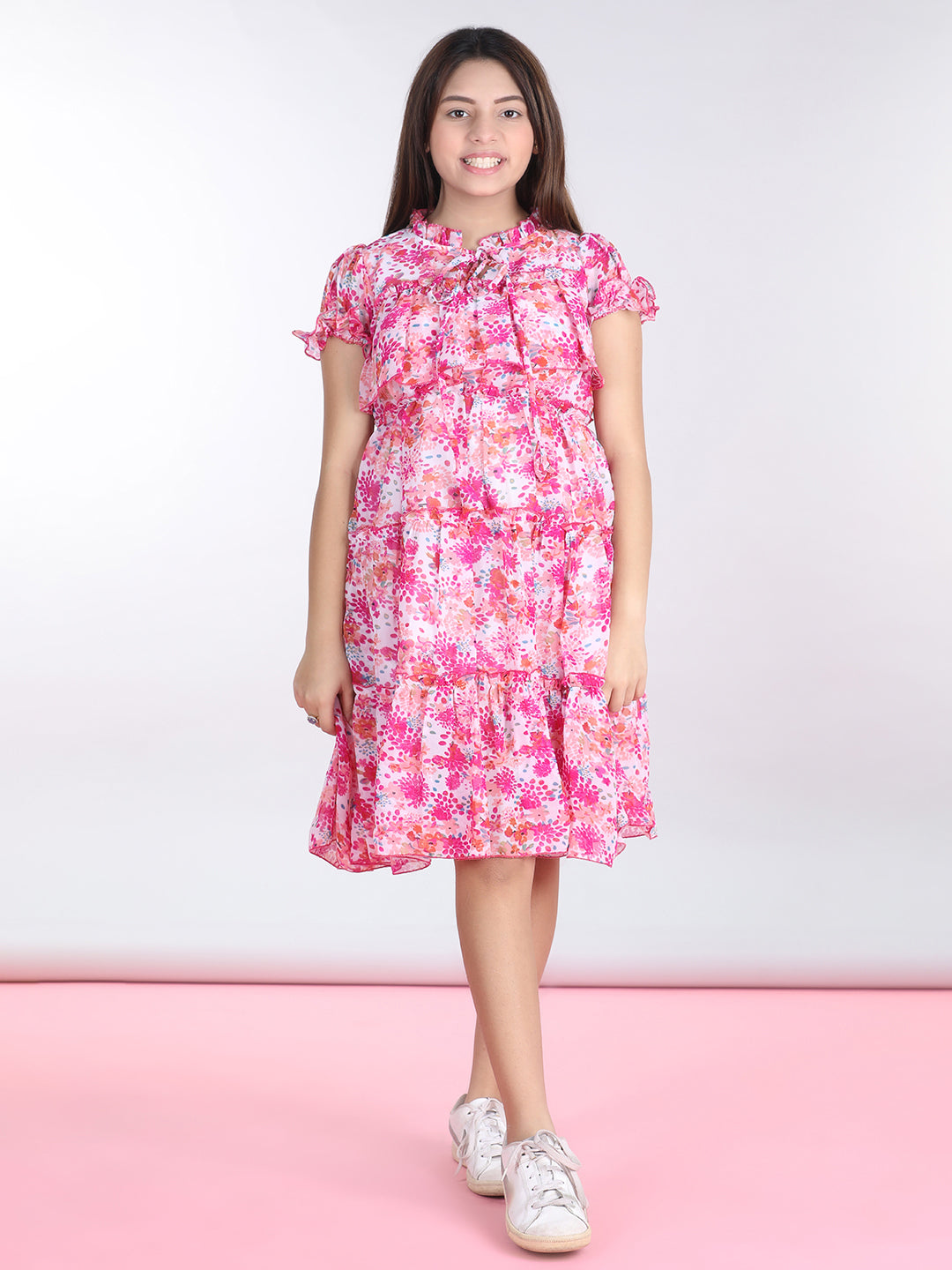 Cutiekins Mandarin Collar Printed Flared Dress-Pink & Off White