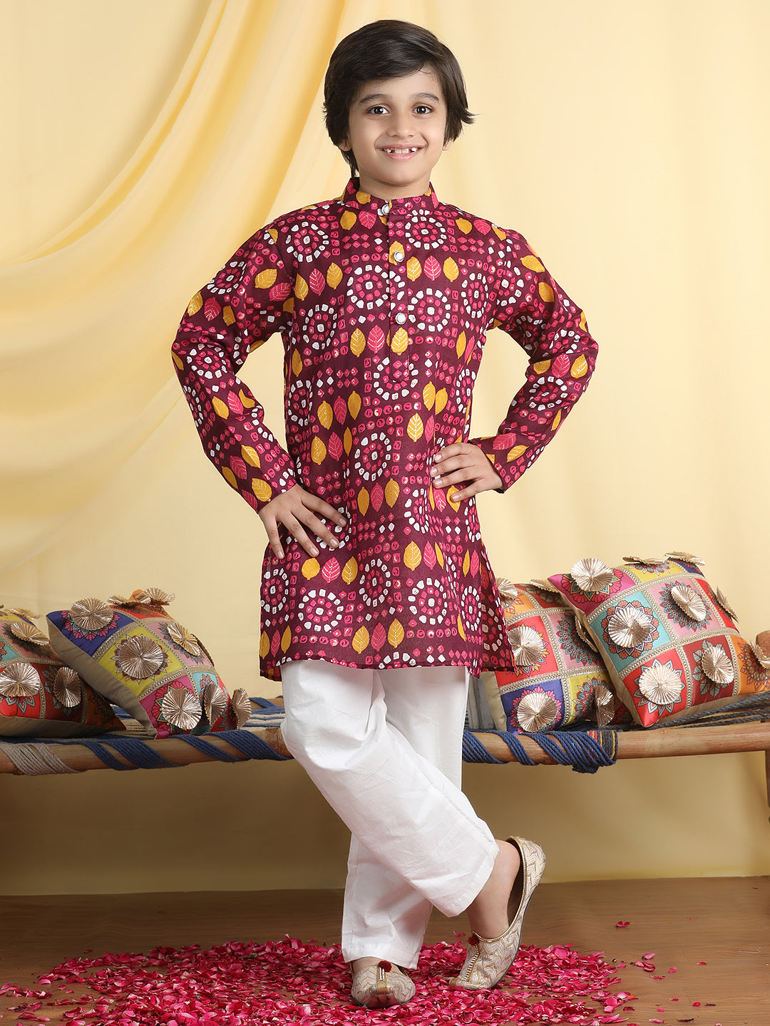 Cutiekins Boys Ethnic Motifs Print Mandarian Collar Kurta & Pajama Set -Wine & White
