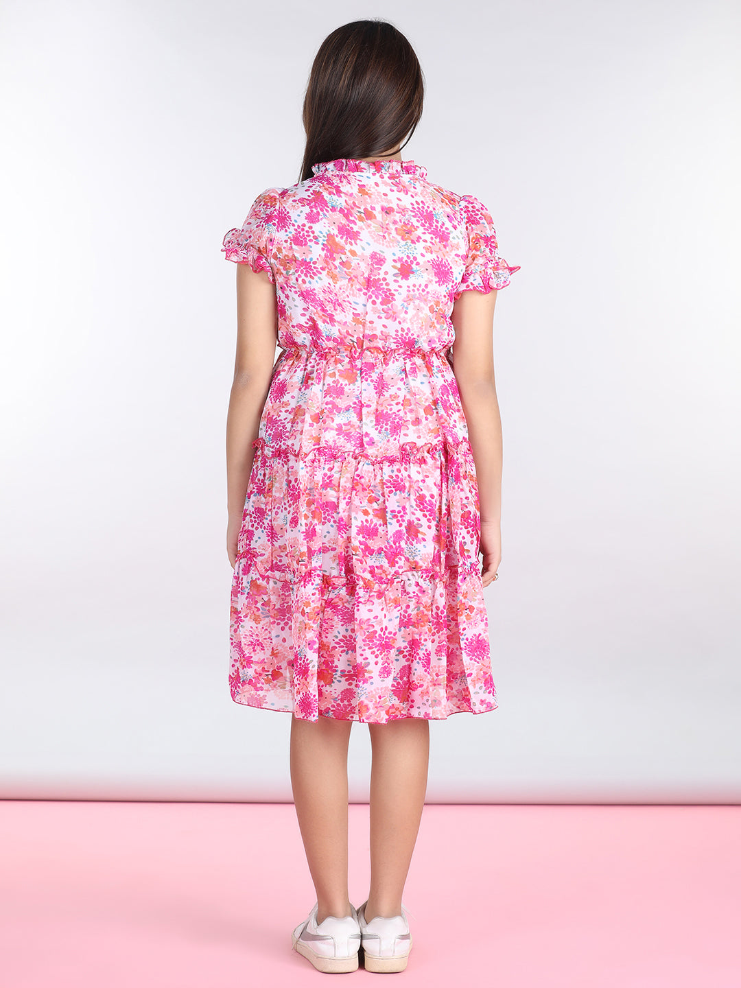 Cutiekins Mandarin Collar Printed Flared Dress-Pink & Off White