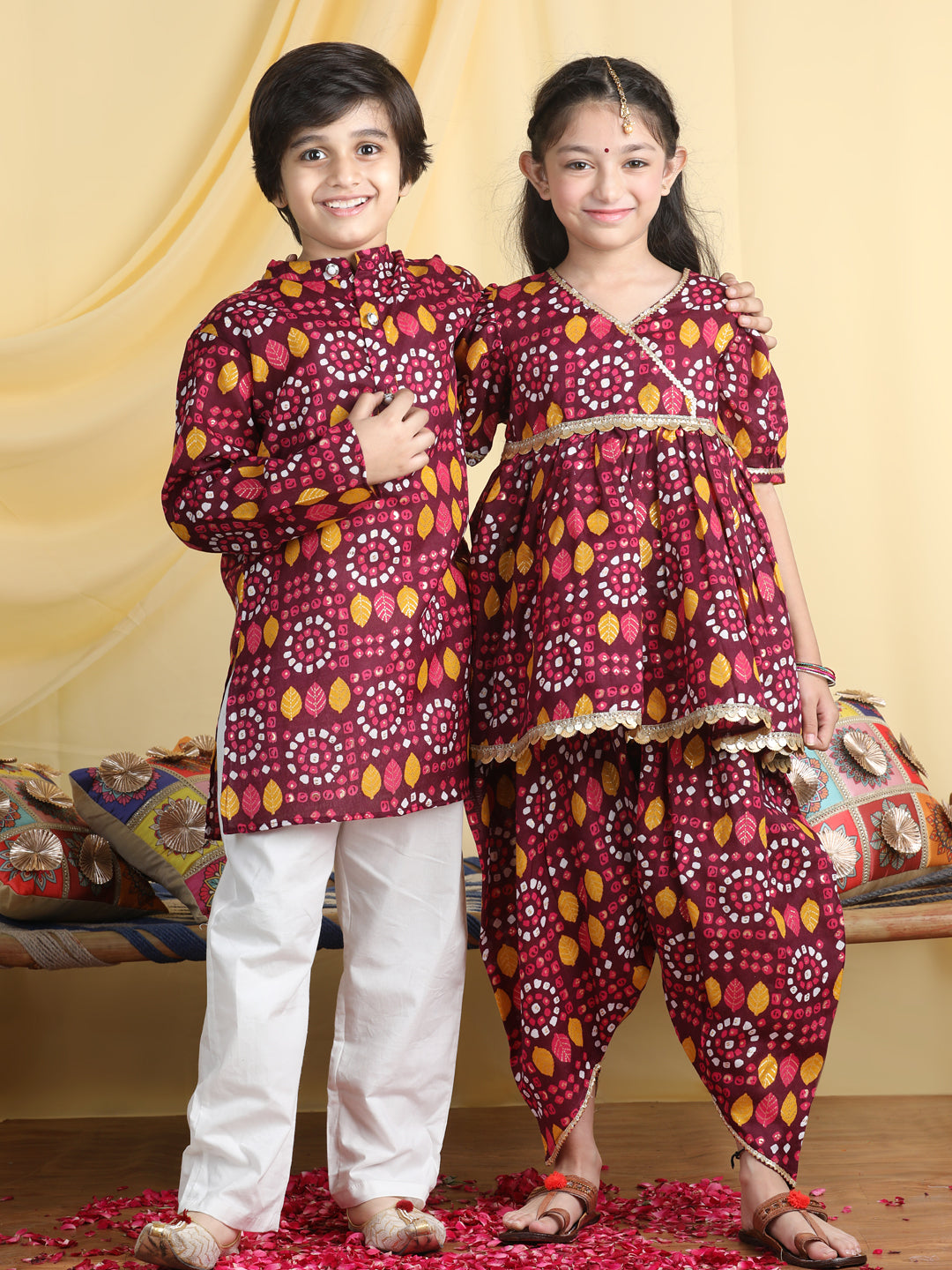 Cutiekins Bandhani Print Dhoti Kurta with Kurta Pyjama Sibling Set For Rakhi Traditonal Wear -Wine & Mustard