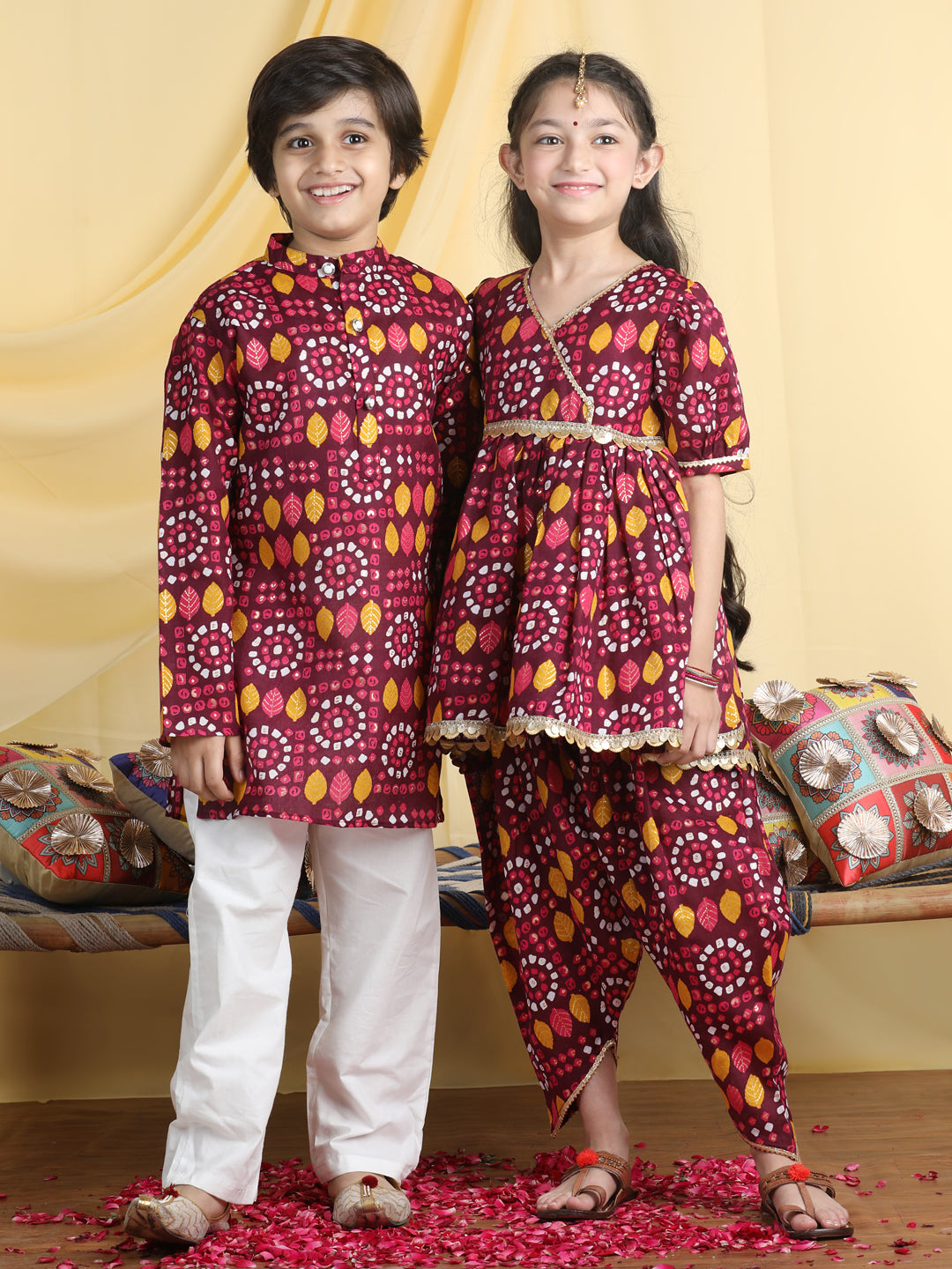 Cutiekins Bandhani Print Dhoti Kurta with Kurta Pyjama Sibling Set For Rakhi Traditonal Wear -Wine & Mustard