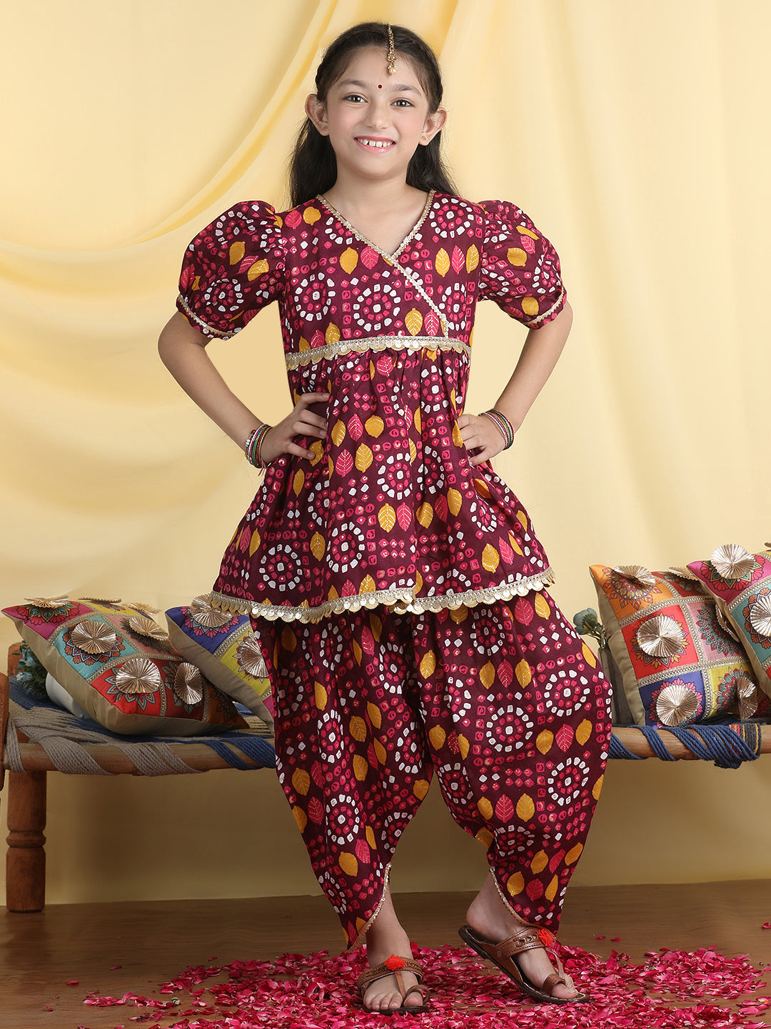 Cutiekins Girls Tropical Print Angrakha Kurta & Dhoti Pant -Wine & Mustard