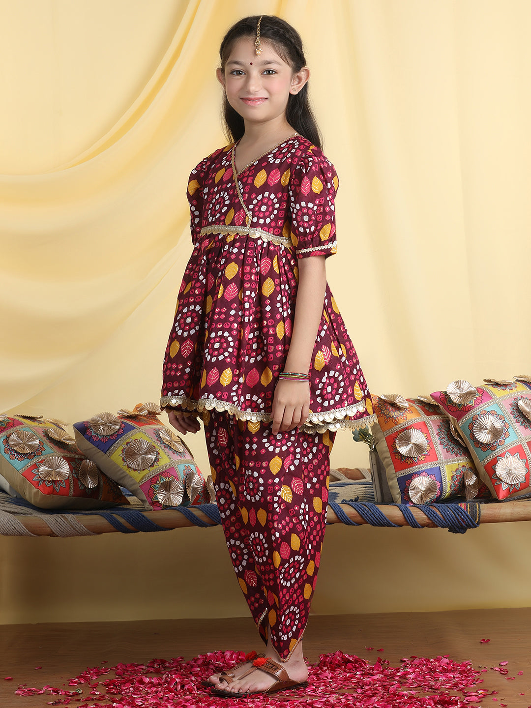 Cutiekins Girls Tropical Print Angrakha Kurta & Dhoti Pant -Wine & Mustard