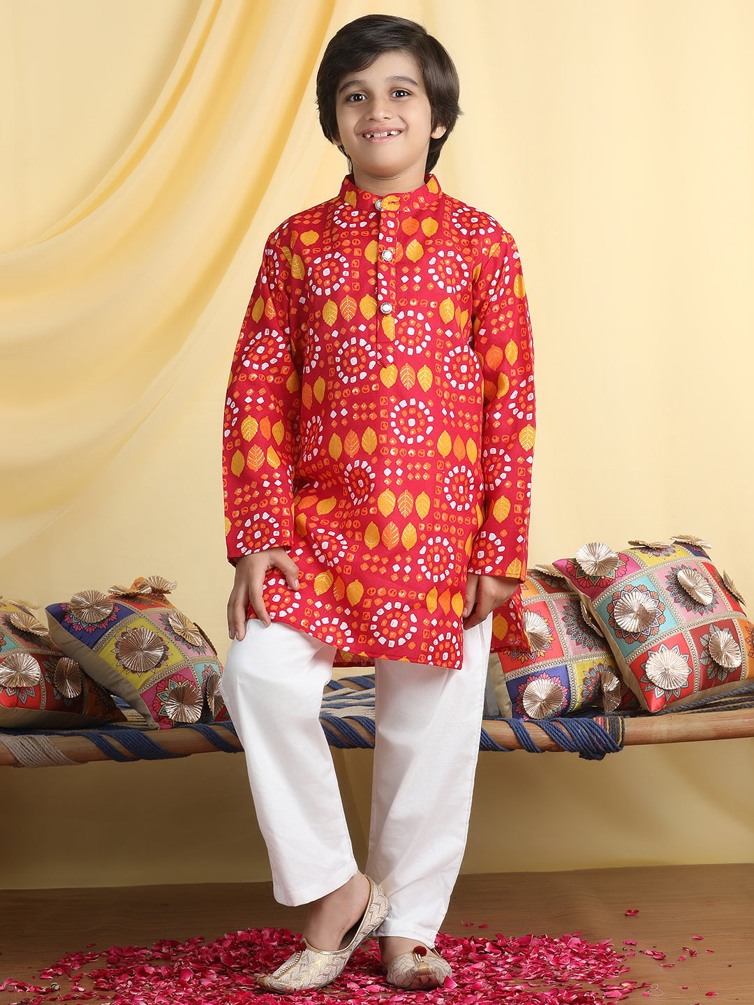 Cutiekins Boys Ethnic Motifs Print Mandarian Collar Kurta & Pajama Set -Red & White