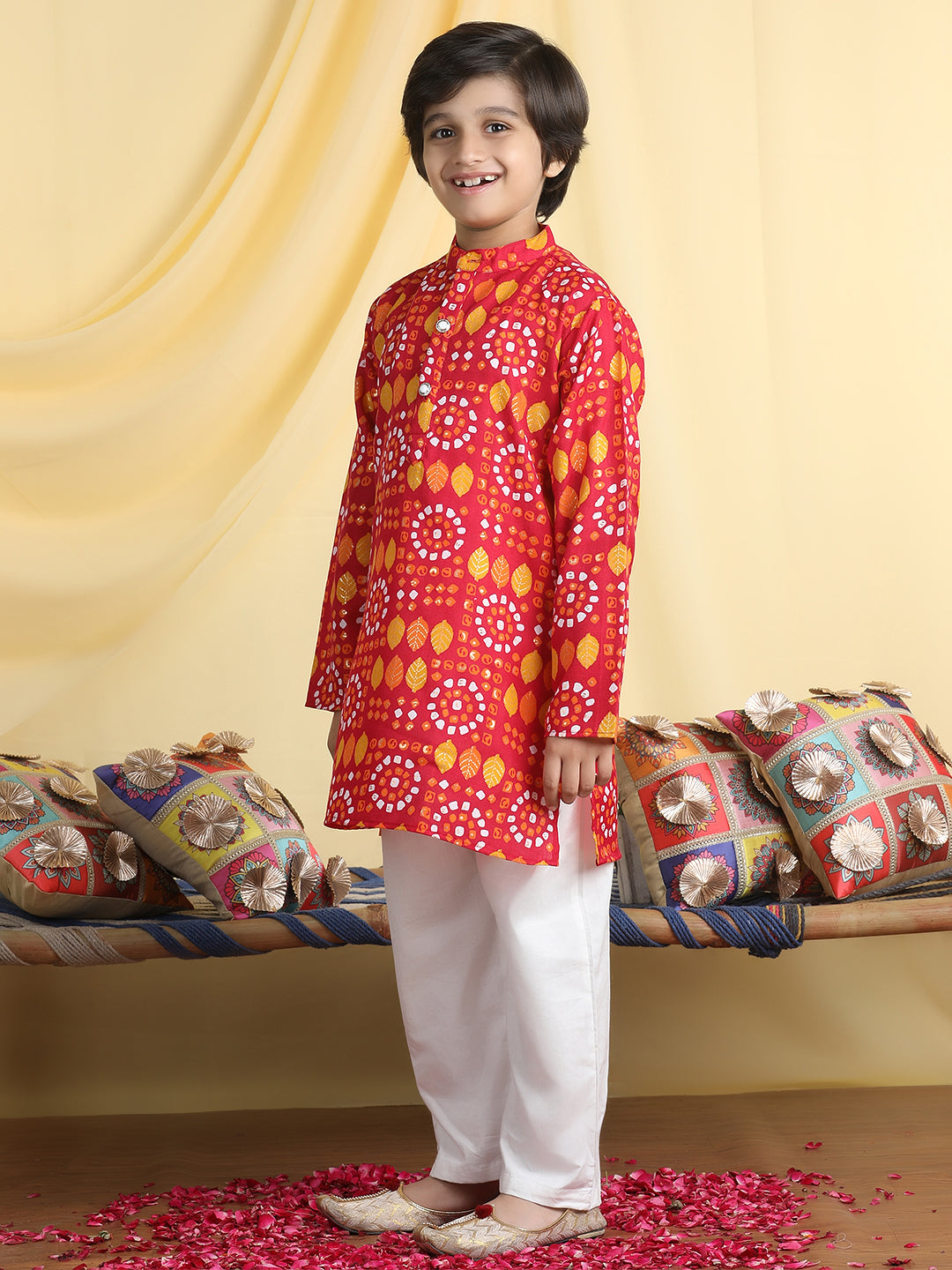 Cutiekins Boys Ethnic Motifs Print Mandarian Collar Kurta & Pajama Set -Red & White