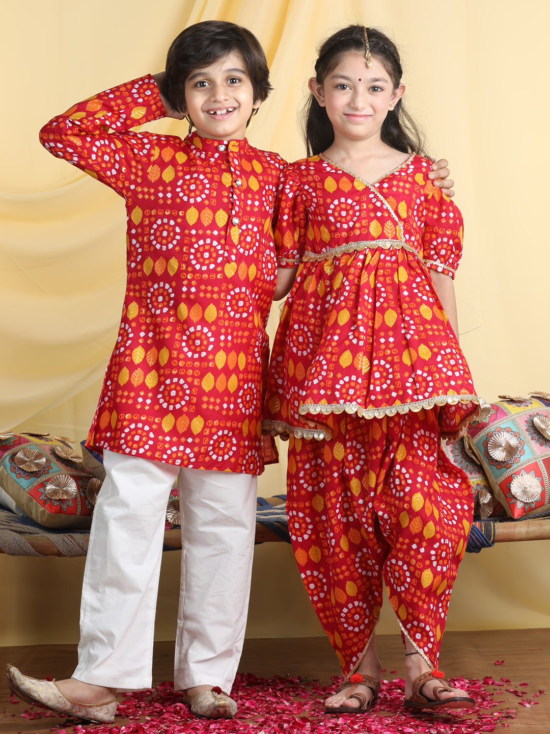 Cutiekins Bandhani Print Girls-Boys Dhoti Kurta with Kurta Pyjama Sibling Set For Rakhi Traditional Wear -Red & Mustard