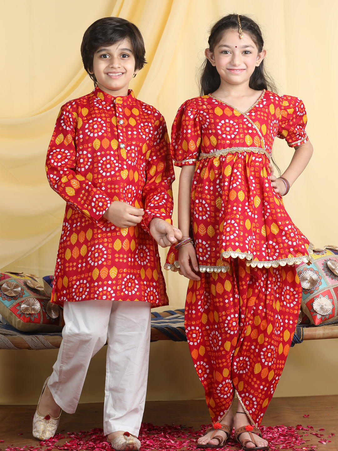 Cutiekins Bandhani Print Girls-Boys Dhoti Kurta with Kurta Pyjama Sibling Set For Rakhi Traditional Wear -Red & Mustard