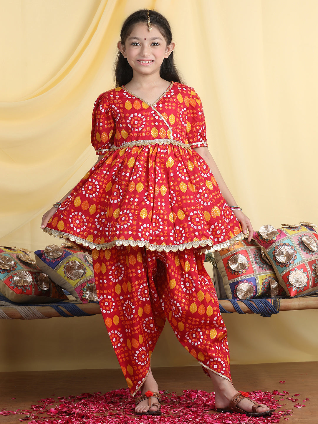 Cutiekins Girls Tropical Print Angrakha Kurta & Dhoti Pant -Red & Mustard