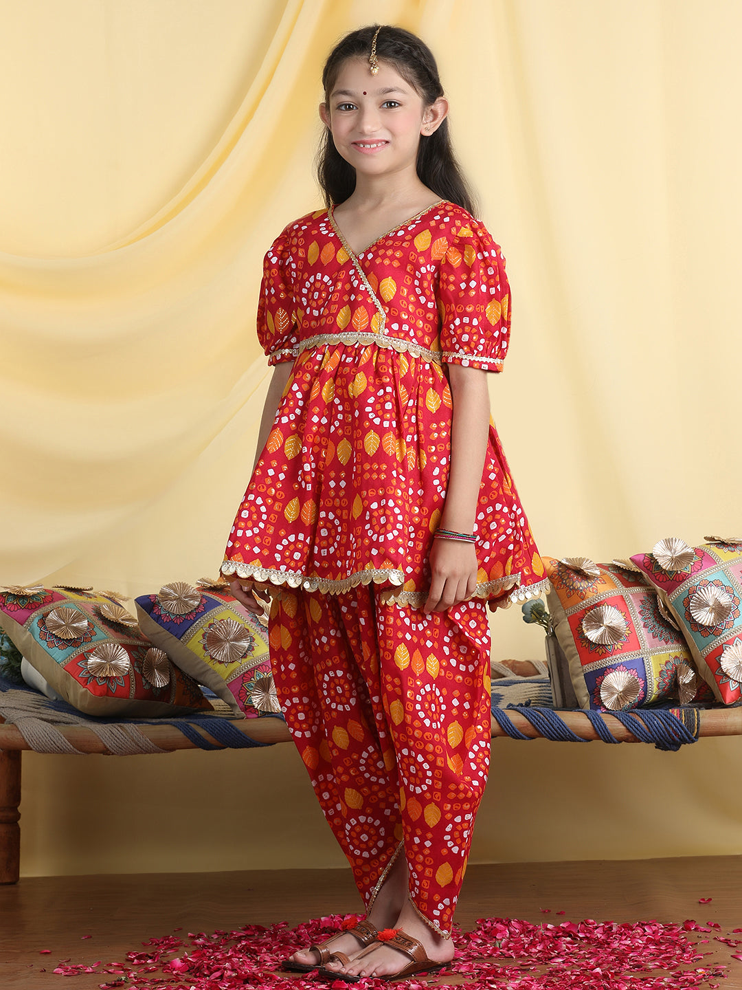 Cutiekins Girls Tropical Print Angrakha Kurta & Dhoti Pant -Red & Mustard